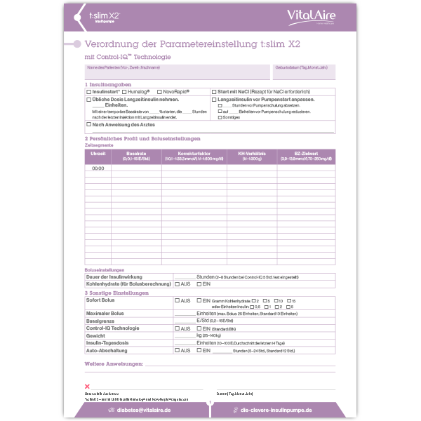 Verordnung Parametereinstellung t:slim X2 Insulinpumpe mit Control-IQ | VitalAire Diabetes