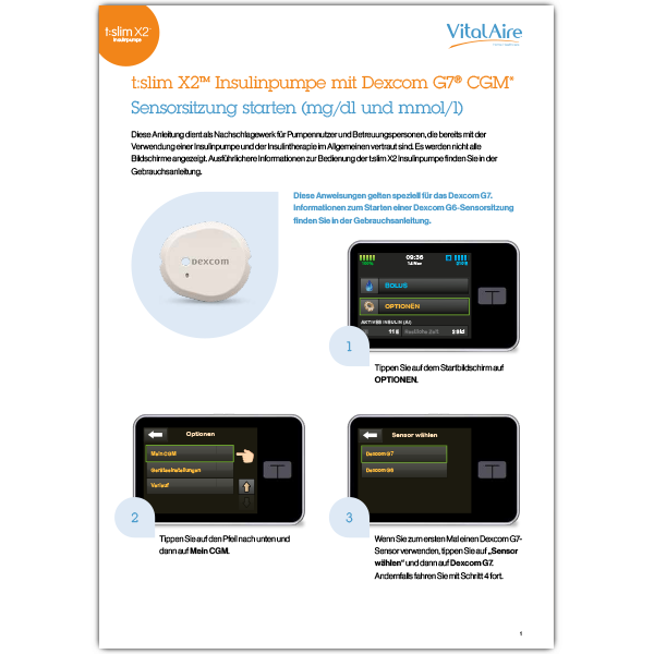 t:slim X2 Insulinpumpe mit Dexcom G7 - Sensorsitzung starten (mg/dl und mmol/l) | VitalAire GmbH Bereich Diabetes